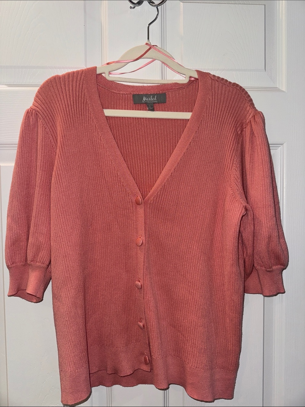 Marled Coral Pink V-Neck Puff Sleeve Womens Button Cardigan